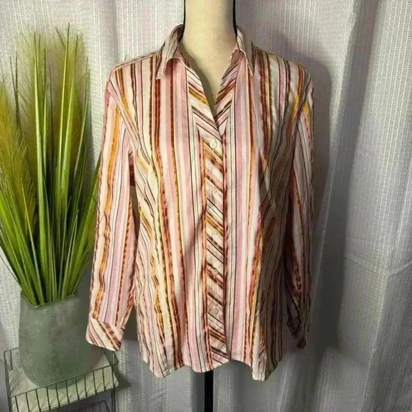 Chicos Women’s 3 US XL Pink Gold Shimmer Striped Long Sleeve Button Down Top - Picture 1 of 15